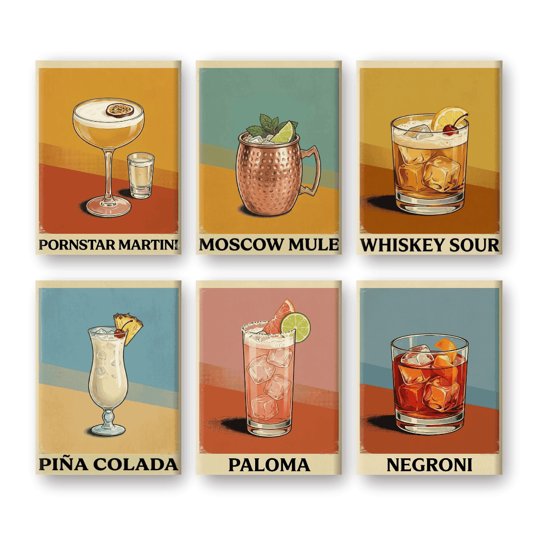 6 Mini Paintings | Vintage Cocktailposters Set