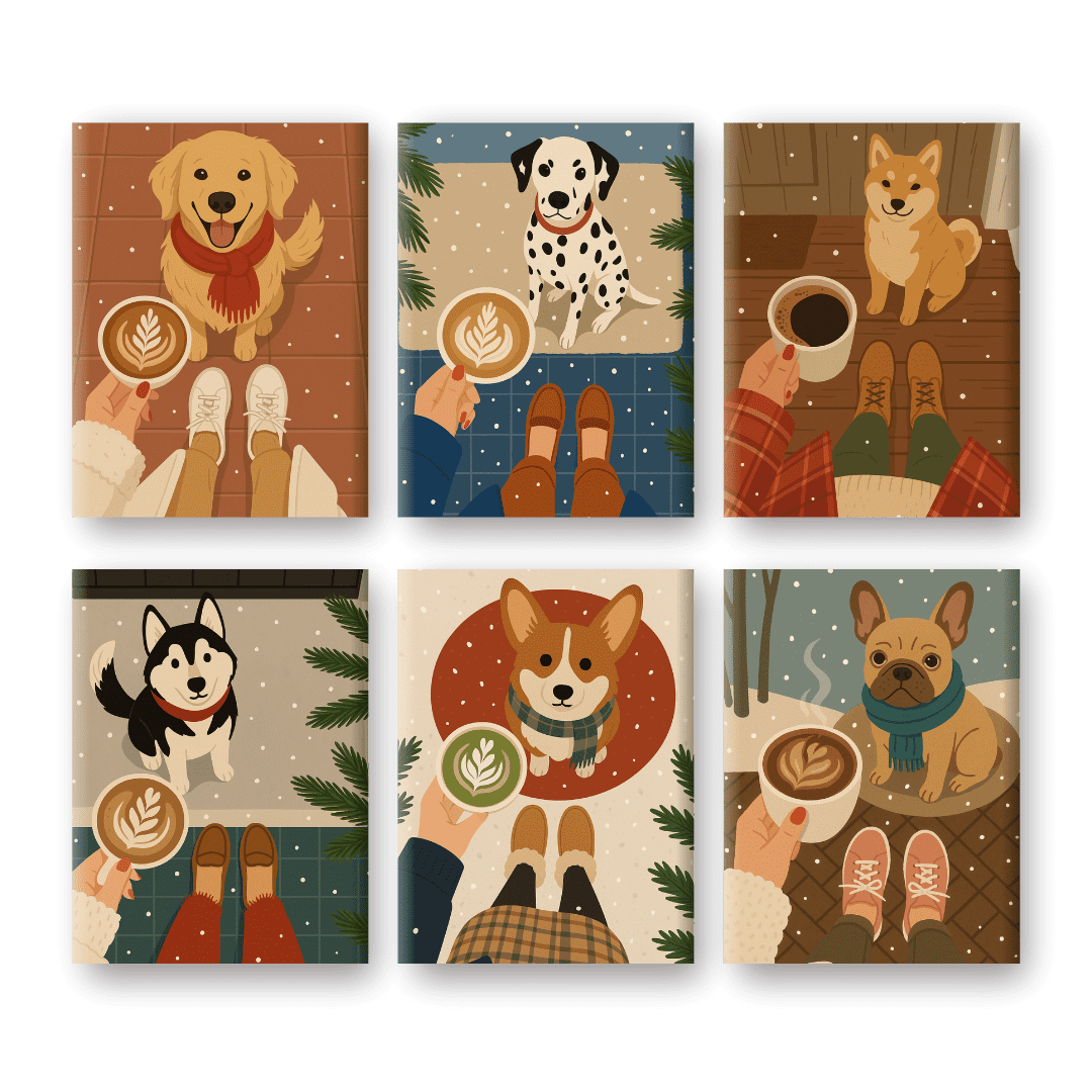 6 Mini Paintings | Winter Koffie & Honden Set