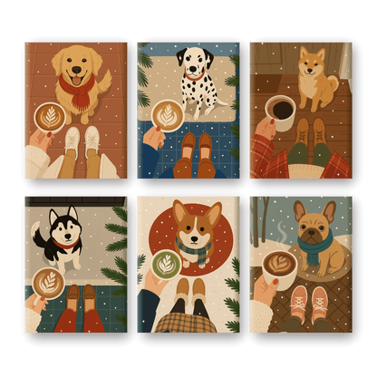 6 Mini Paintings | Winter Koffie & Honden Set