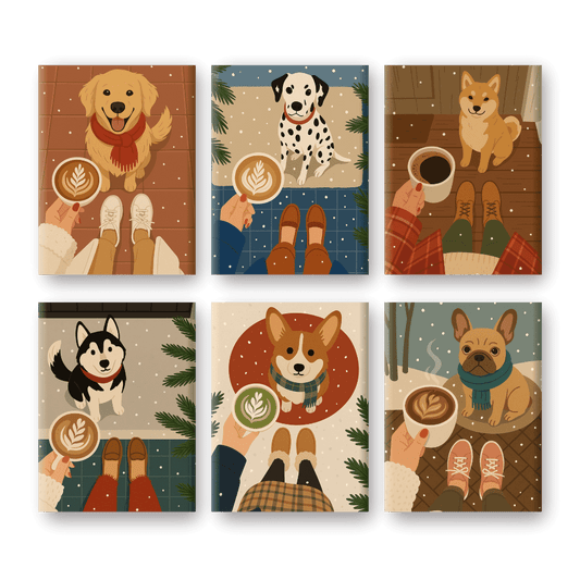 6 Mini Paintings | Winter Koffie & Honden Set