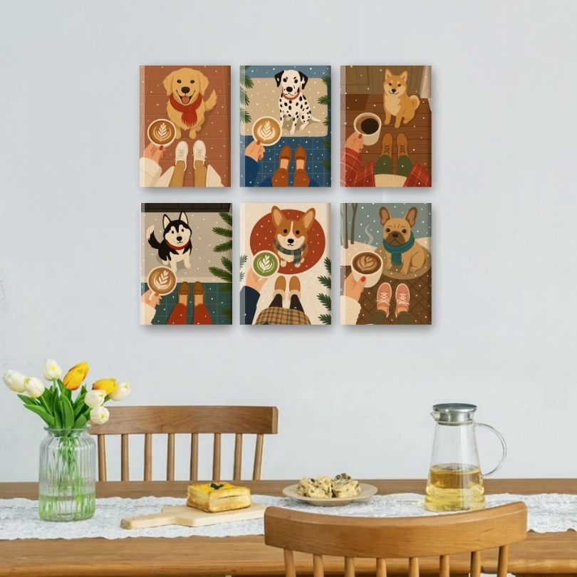 6 Mini Paintings | Winter Koffie & Honden Set