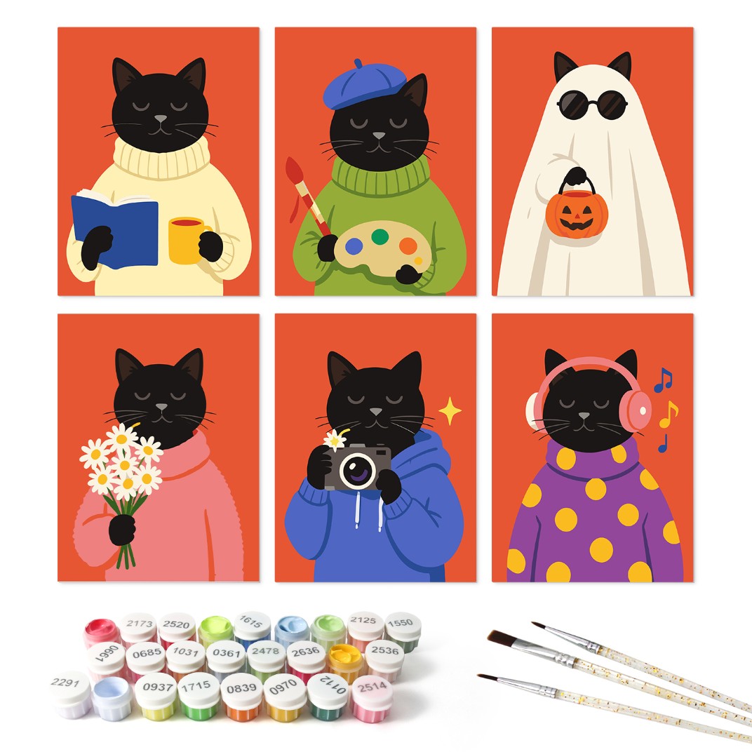6 Houten Plaat Mini Paintings – Gezellig Kattenseizoen Set - Schilder Op Nummers