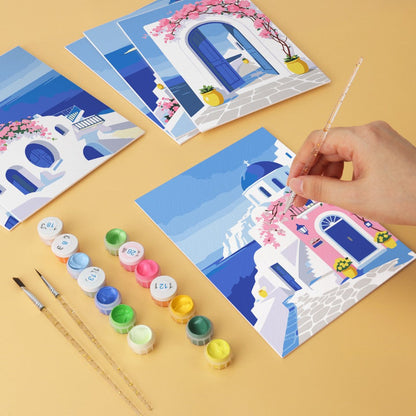 6 Houten Plaat Mini Paintings – Santorini Droom Set