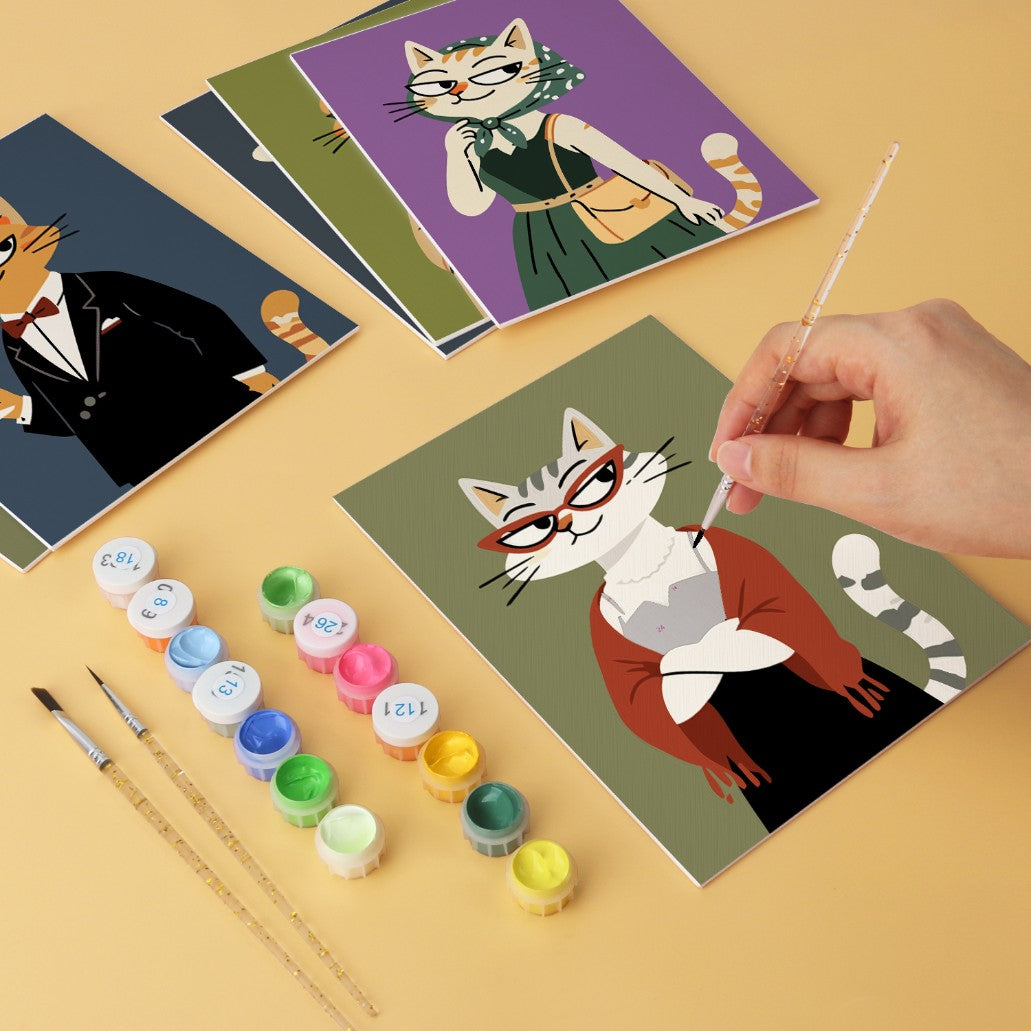 6 Houten Plaat Mini Paintings – Modieuze Katten Set