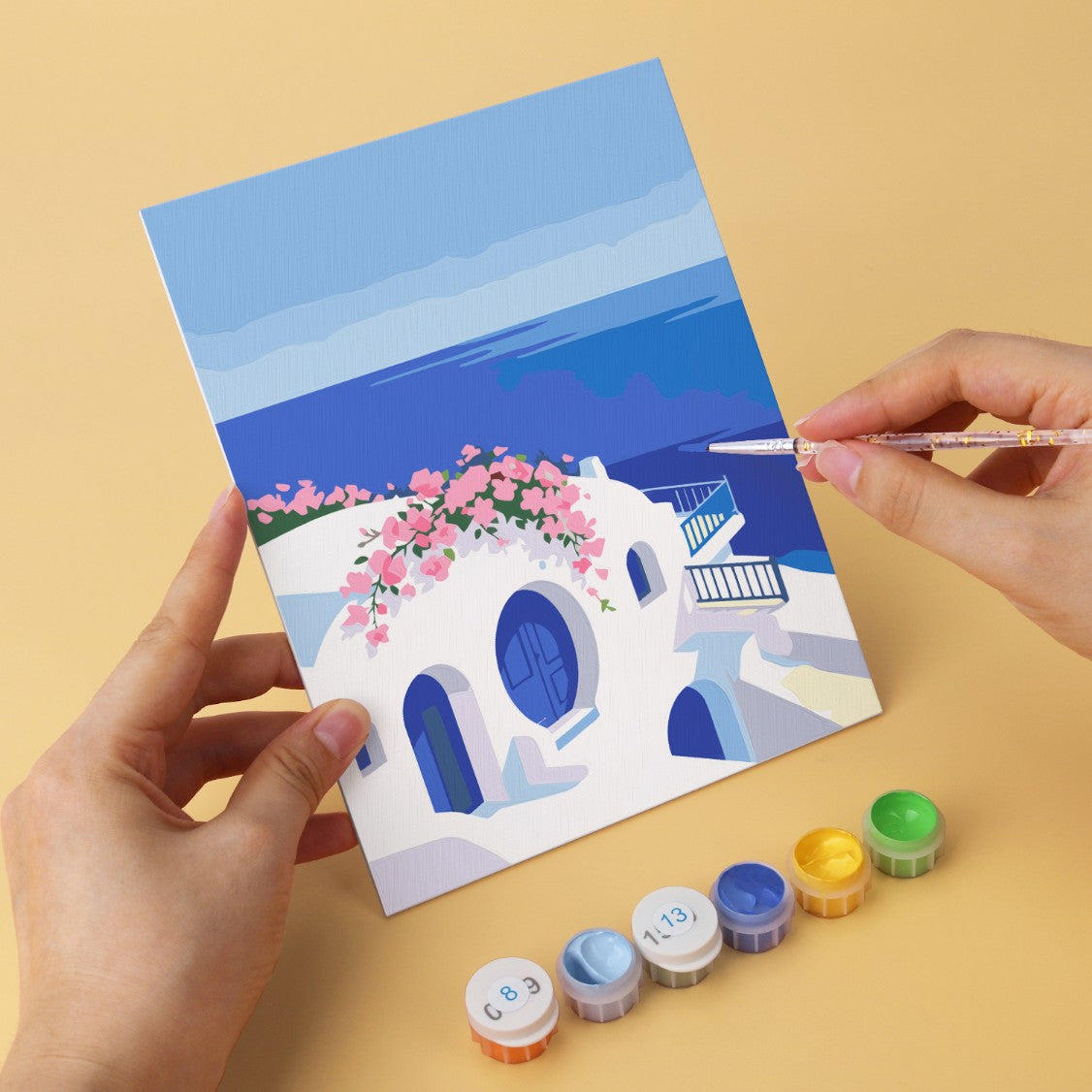 6 Houten Plaat Mini Paintings – Santorini Droom Set