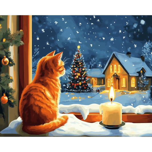 Schilder Op Nummers - Kat bij het raam tijdens kerstmis