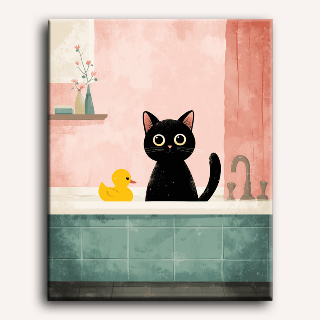 De zwarte kat in de badkamer
