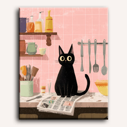 De zwarte kat in de keuken