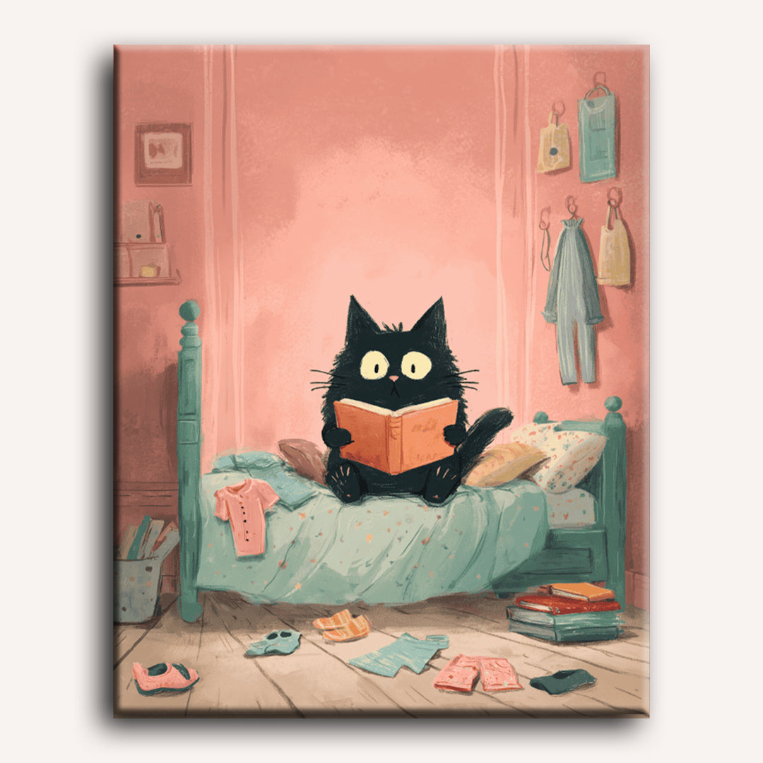 De zwarte kat in de slaapkamer