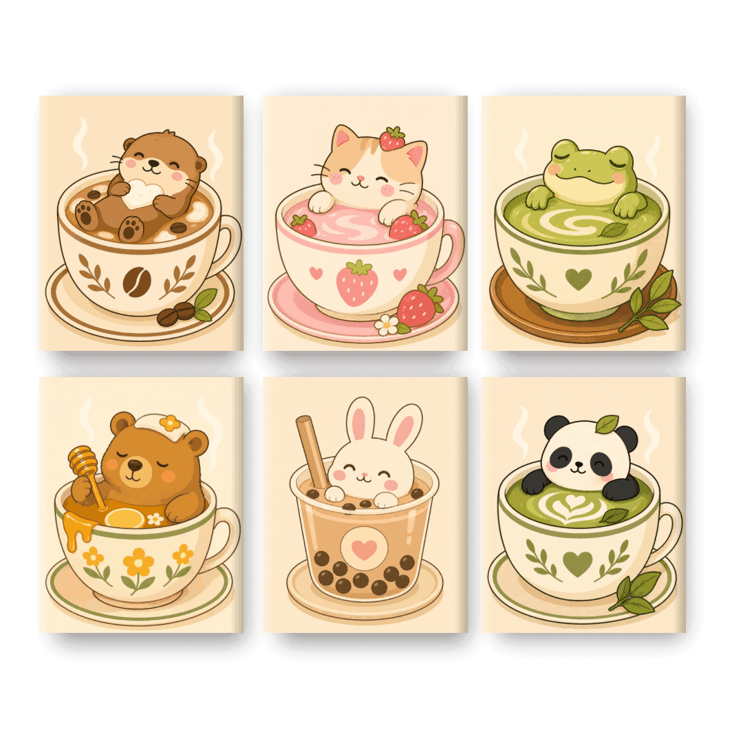 6 Mini Paintings | Dieren in Kopjes Set