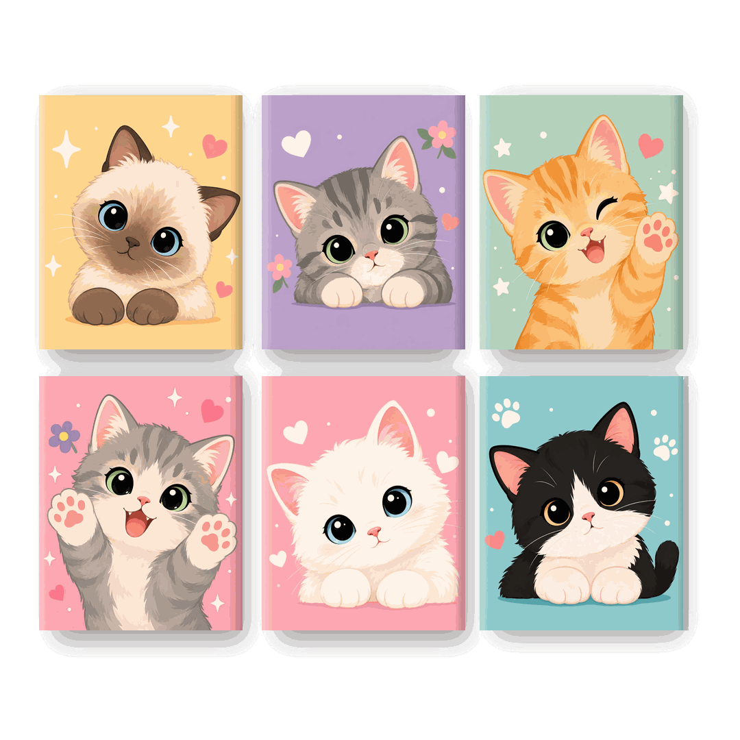 6 Mini Paintings | Schattige Kawaii Katten Set - Schilder Op Nummers