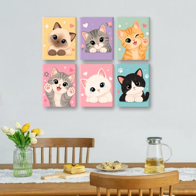 6 Mini Paintings | Schattige Kawaii Katten Set