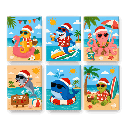 6 Mini Paintings | Kerst Waterdieren Set