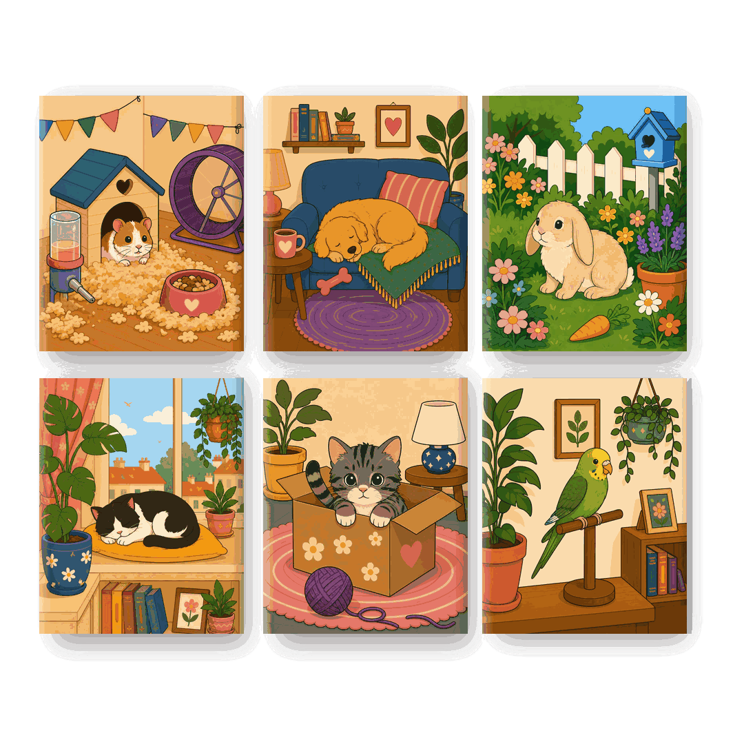 6 Mini Paintings | Gezellige Huisdieren Set