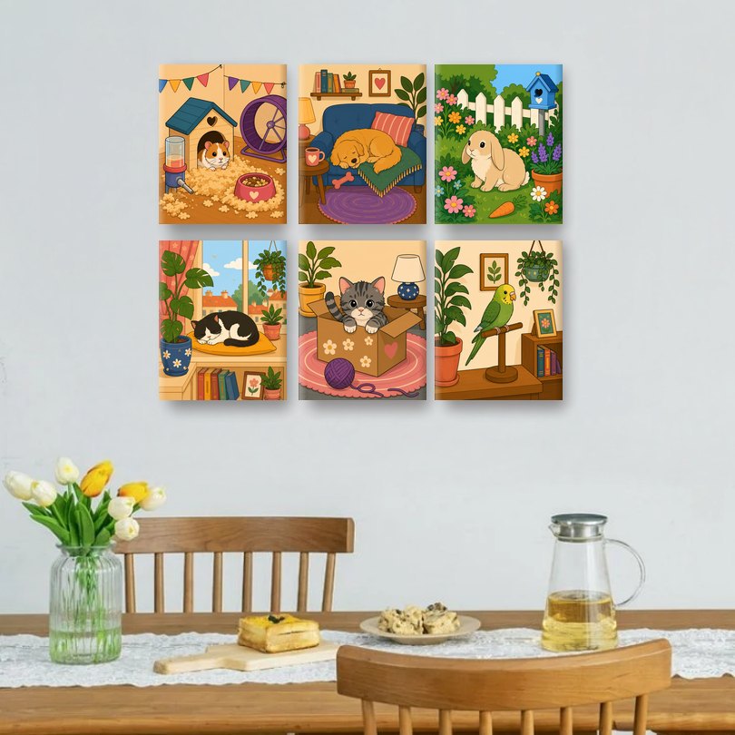 6 Mini Paintings | Gezellige Huisdieren Set