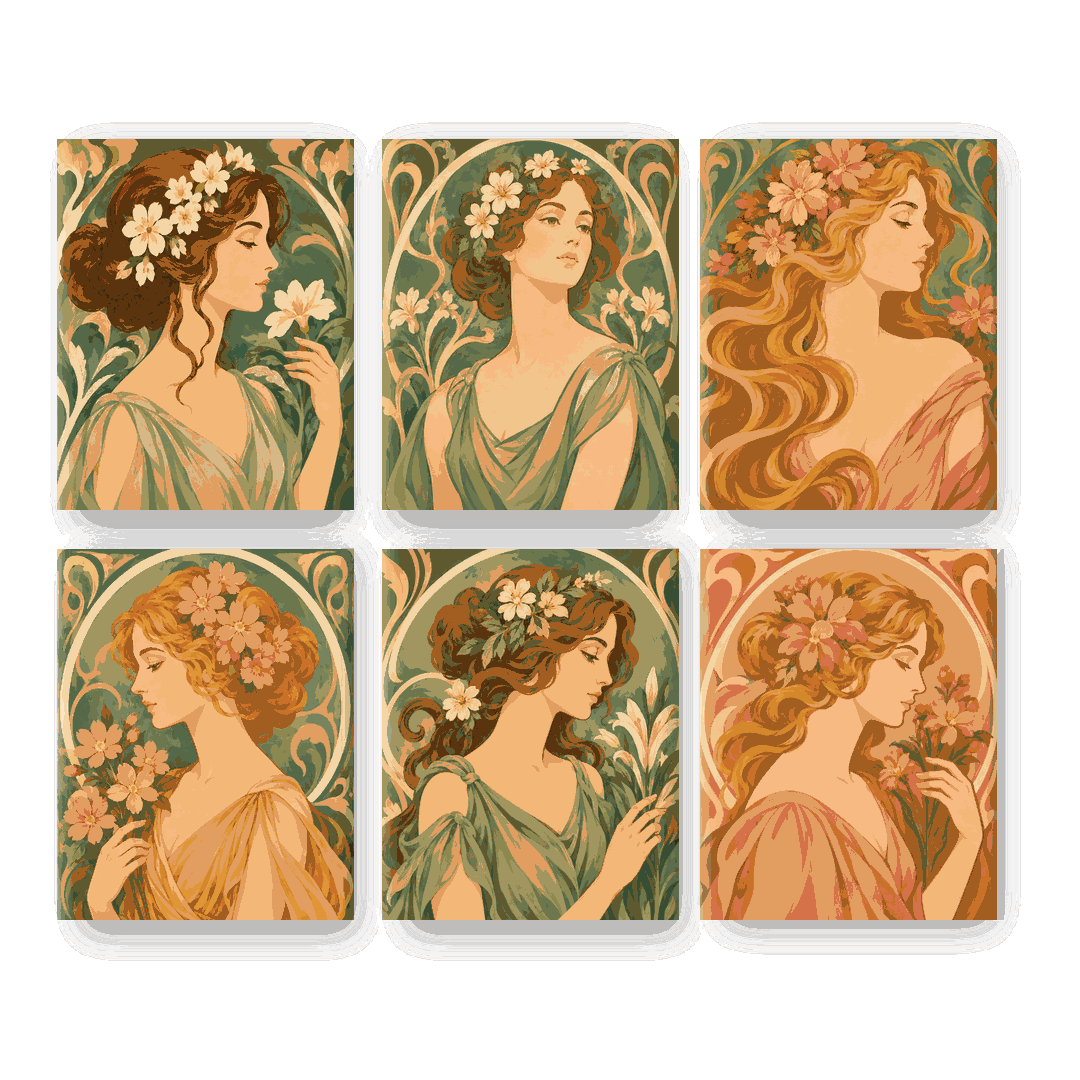 6 Mini Paintings | Nouveau Muses Set - Schilder Op Nummers
