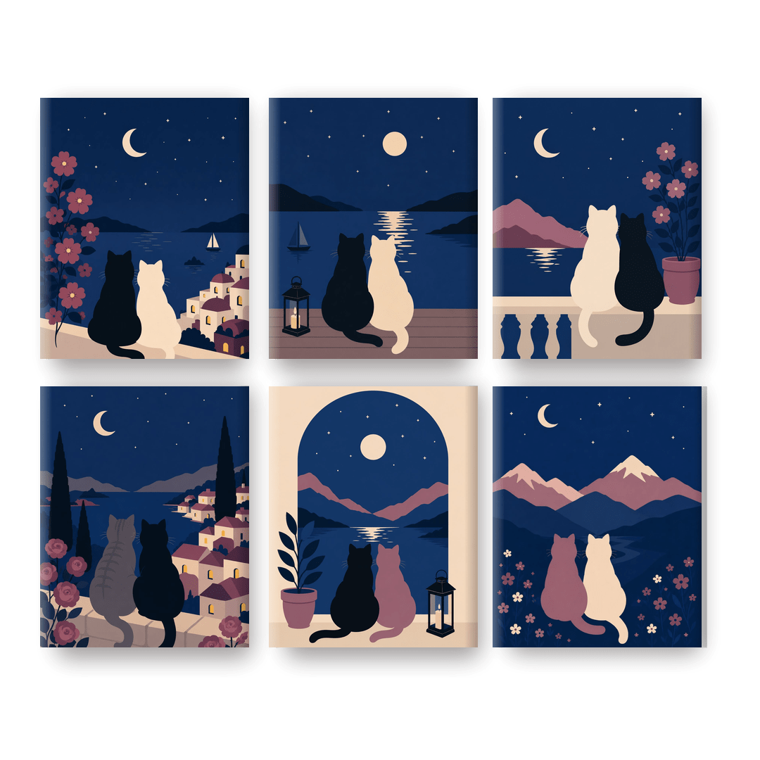 6 Mini Paintings | Nacht Katten Set - Schilder Op Nummers