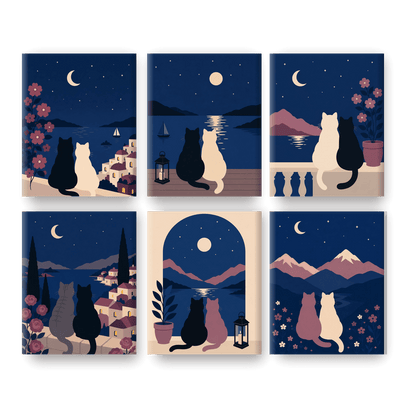 6 Mini Paintings | Nacht Katten Set - Schilder Op Nummers