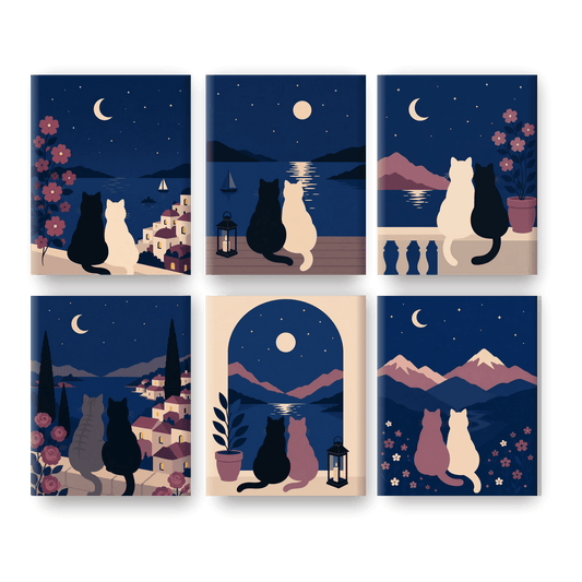 6 Mini Paintings | Nacht Katten Set - Schilder Op Nummers