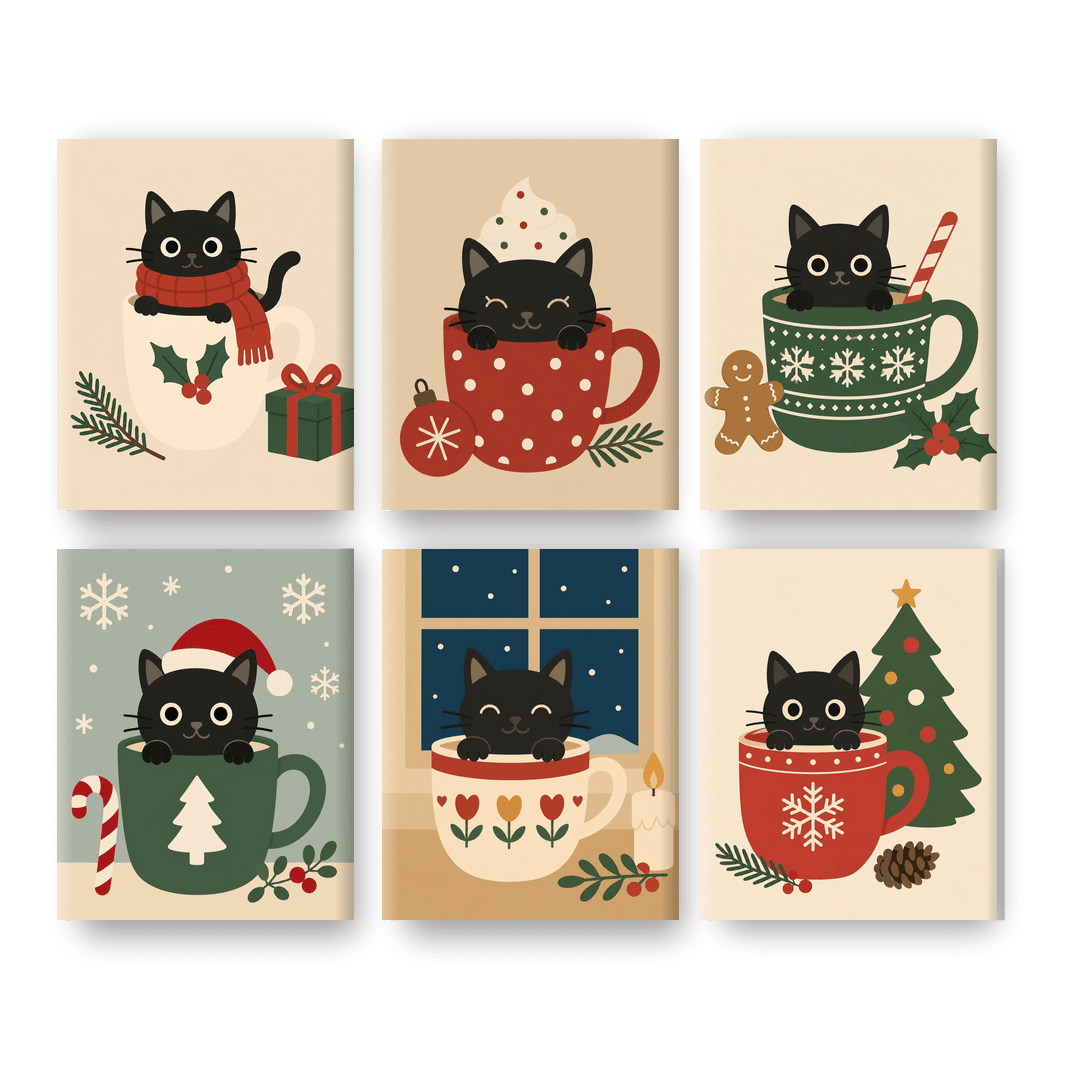 6 Mini Paintings | Zwarte Kat in Kopjes Set - Schilder op nummers