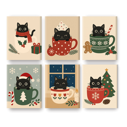 6 Mini Paintings | Zwarte Kat in Kopjes Set - Schilder op nummers