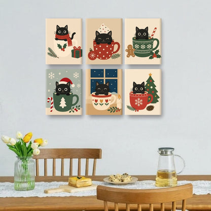 6 Mini Paintings | Zwarte Kat in Kopjes Set