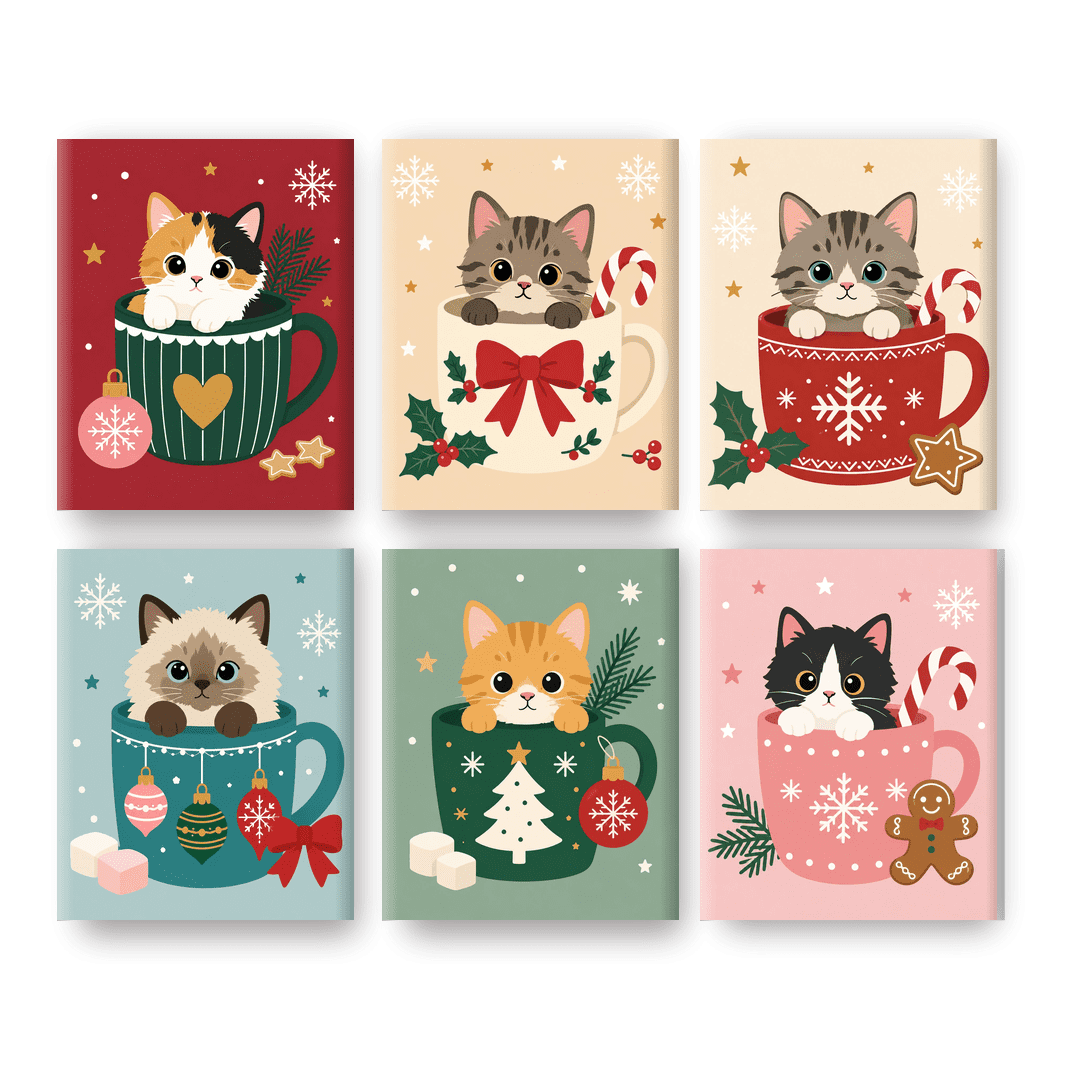 6 Mini Paintings | Katten in Kerst Kopjes Set - Schilder Op Nummers