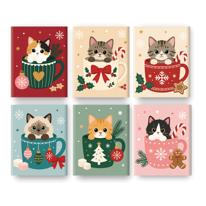 6 Mini Paintings | Katten in Kerst Kopjes Set - Schilder Op Nummers