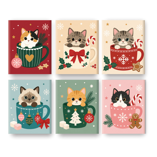6 Mini Paintings | Katten in Kerst Kopjes Set - Schilder Op Nummers