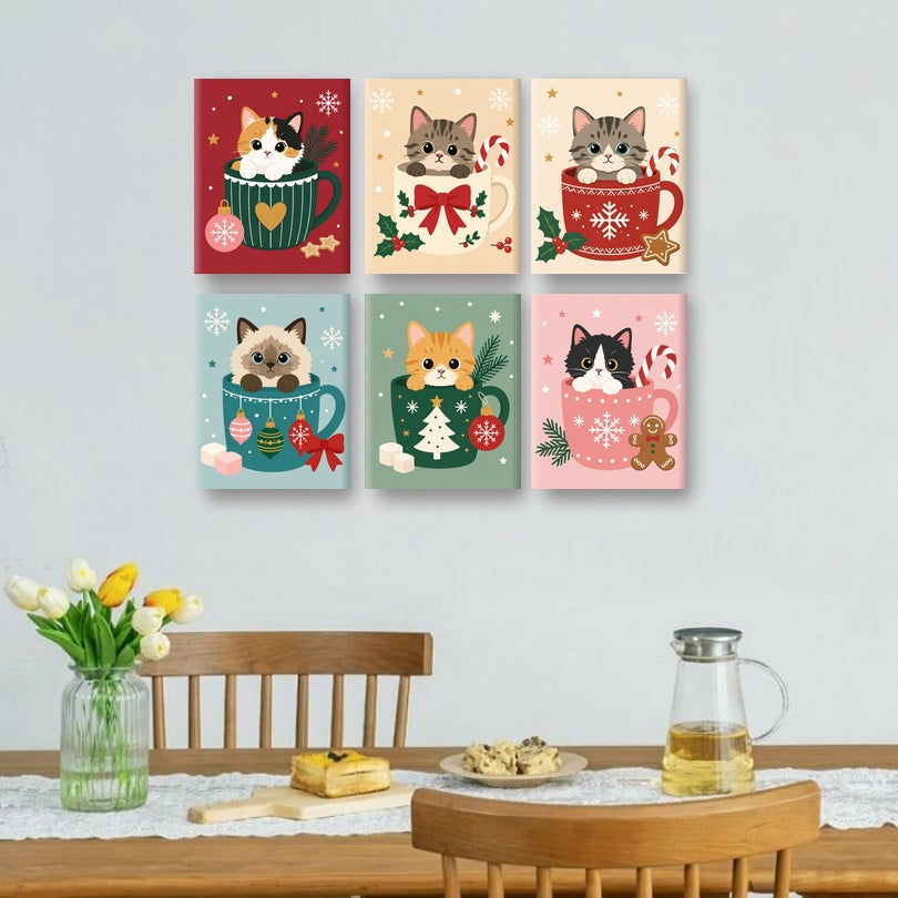 6 Mini Paintings | Katten in Kerst Kopjes Set