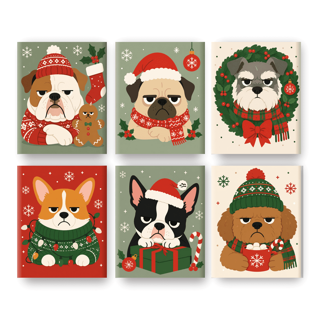 6 Mini Paintings | Chagrijnige Kerst Honden Set - Schilder Op Nummers
