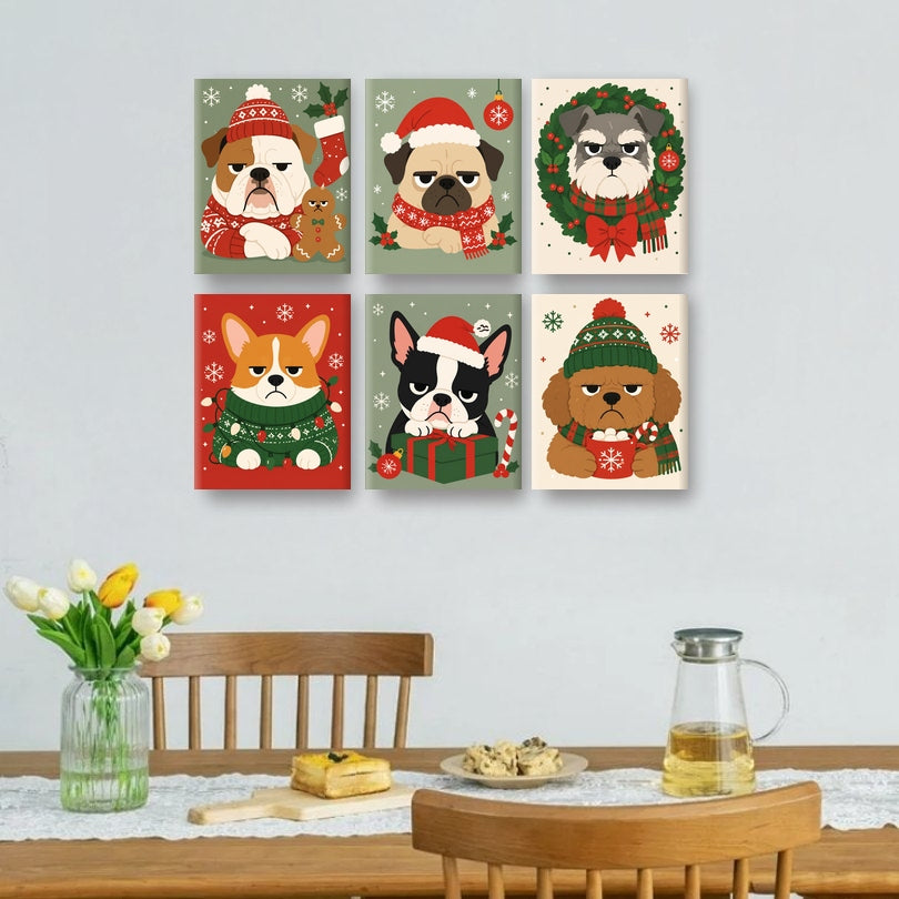 6 Mini Paintings | Chagrijnige Kerst Honden Set