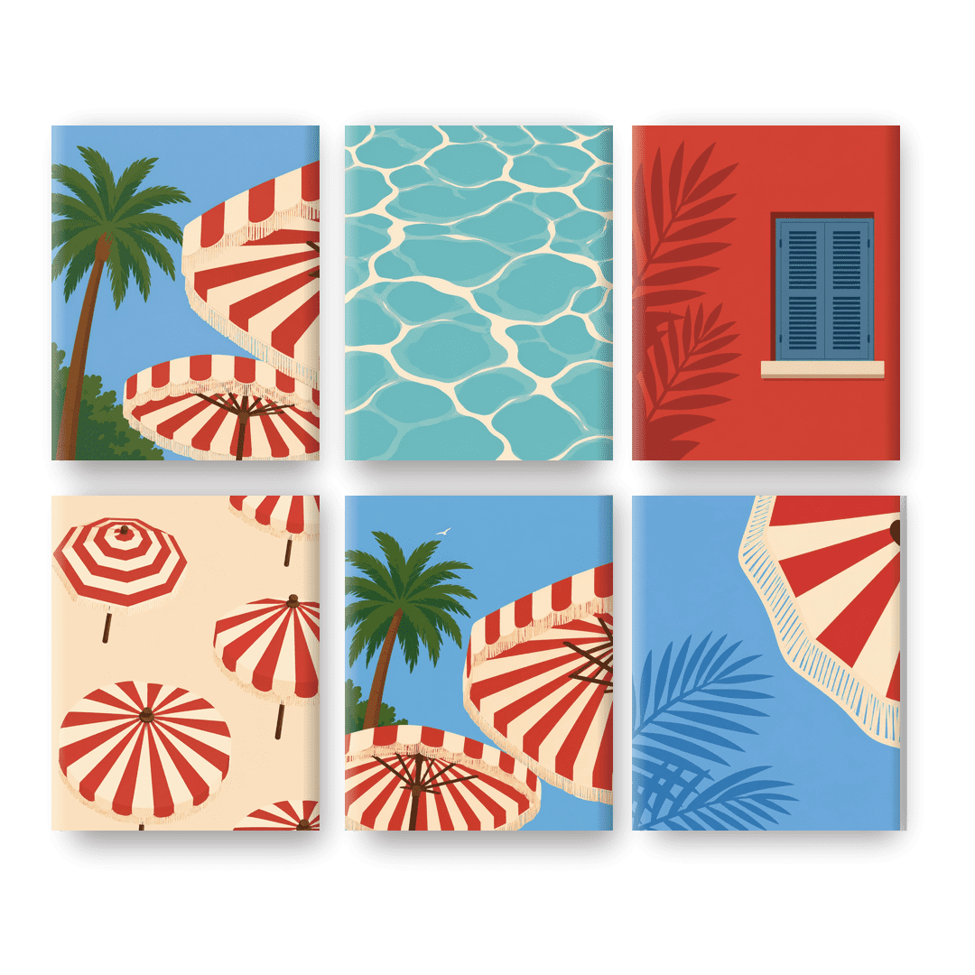 6 Mini Paintings | Retro Strandparasols Set - Schilder Op Nummers