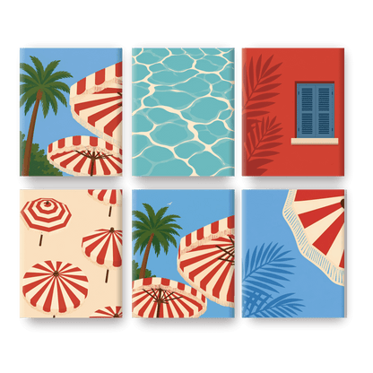 6 Mini Paintings | Retro Strandparasols Set - Schilder Op Nummers