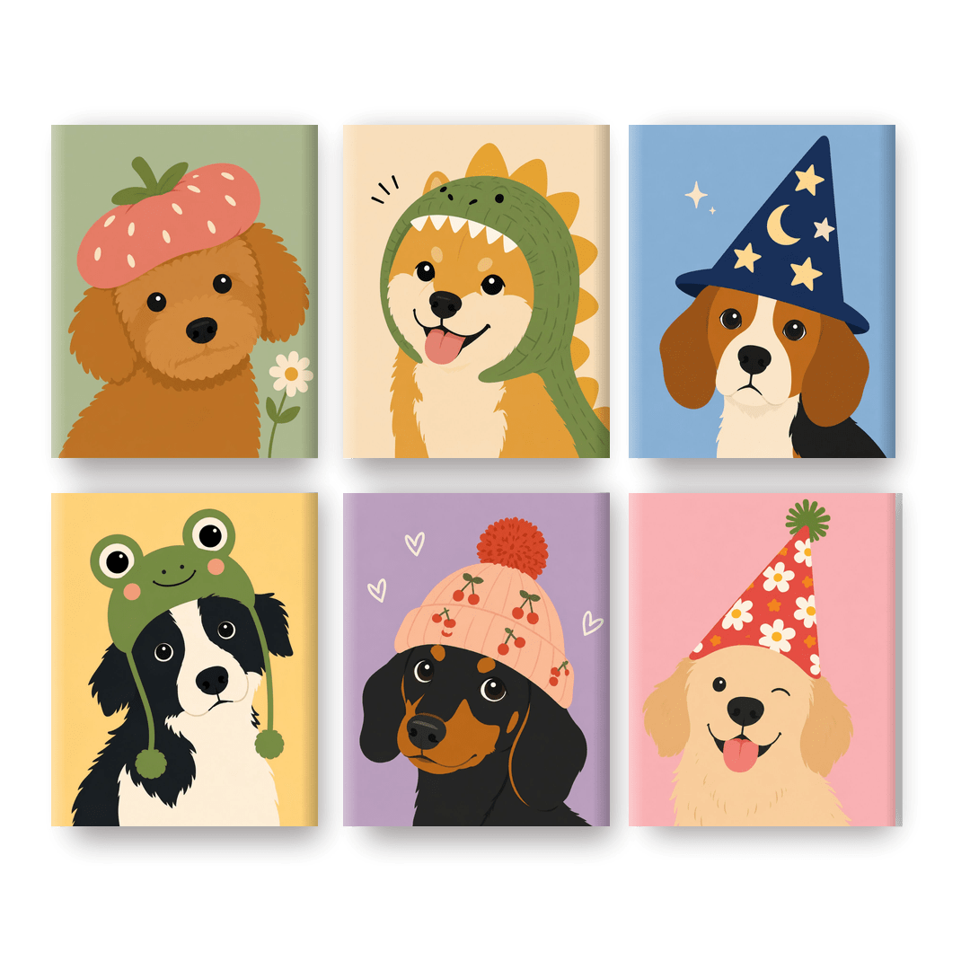 6 Mini Paintings | Honden in Grappige Hoeden Set - Schilder Op Nummers