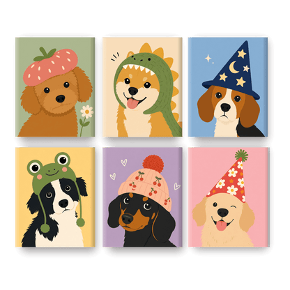 6 Mini Paintings | Honden in Grappige Hoeden Set - Schilder Op Nummers