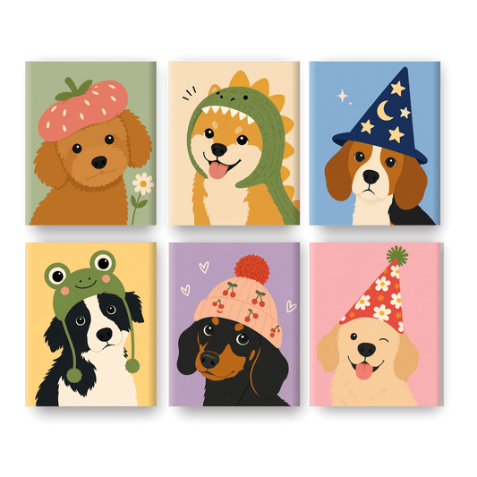 6 Mini Paintings | Honden in Grappige Hoeden Set - Schilder Op Nummers