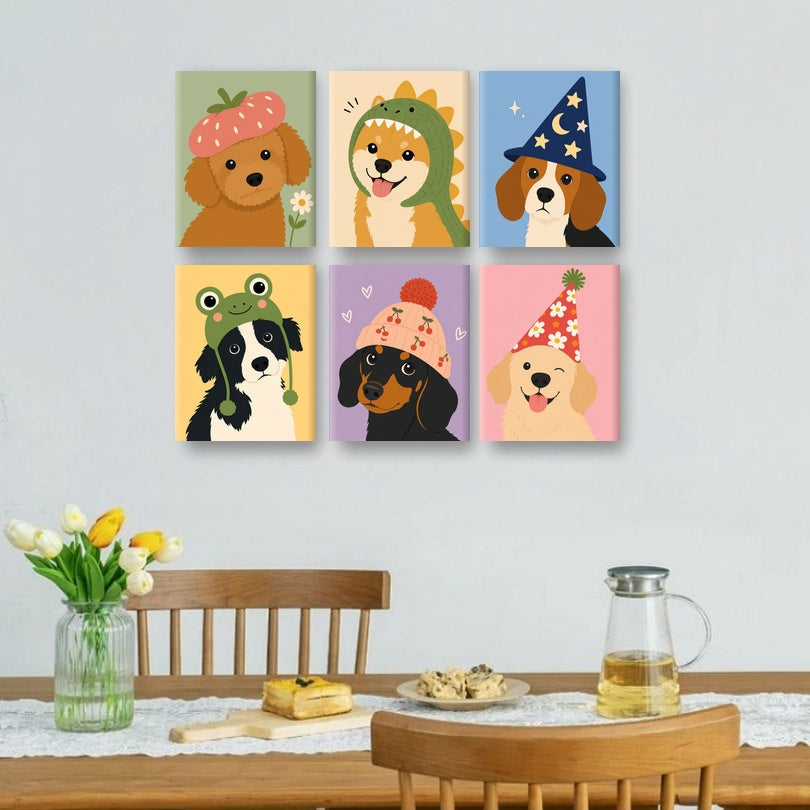 6 Mini Paintings | Honden in Grappige Hoeden Set