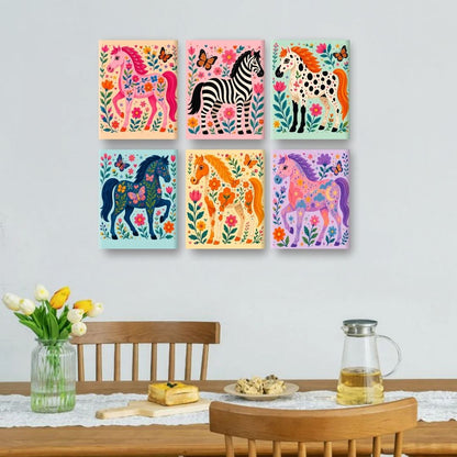 6 Mini Paintings | Kleurrijke Paarden & Zebra Set