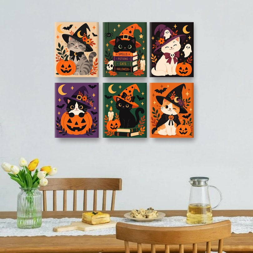 6 Mini Paintings | Schattige Halloween Katten Set