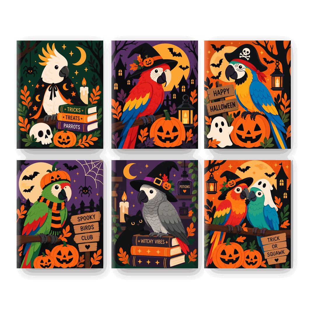 6 Mini Paintings | Halloween Papegaaien Set - Schilder Op Nummers