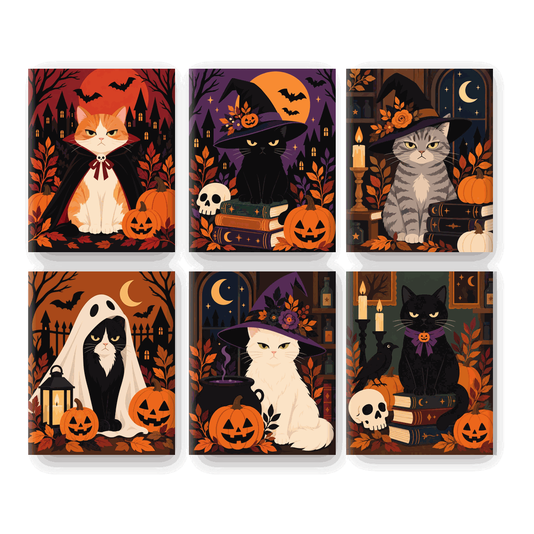 6 Mini Paintings | Boze Halloween Katten Set - Schilder Op Nummers
