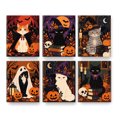6 Mini Paintings | Boze Halloween Katten Set - Schilder Op Nummers