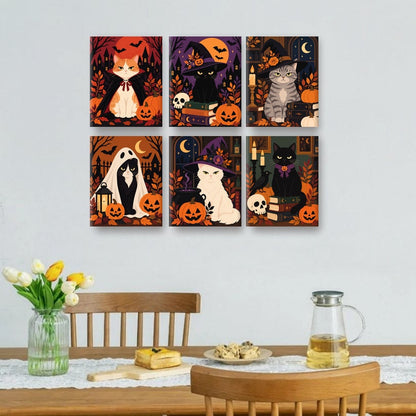 6 Mini Paintings | Boze Halloween Katten Set