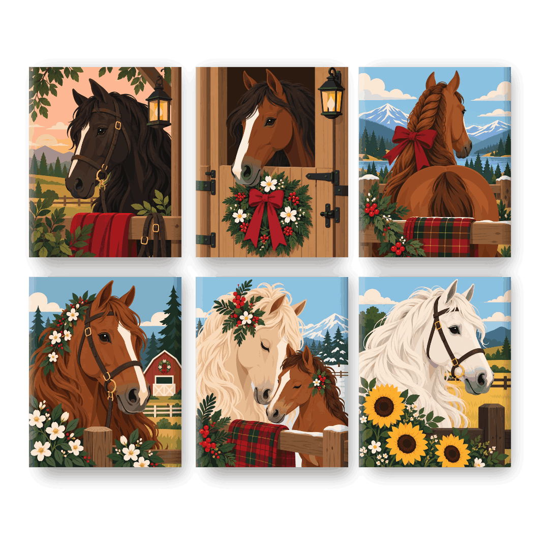 6 Mini Paintings | Kerst Paard Portretten Set - Schilder Op Nummers