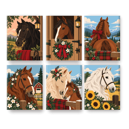 6 Mini Paintings | Kerst Paard Portretten Set - Schilder Op Nummers
