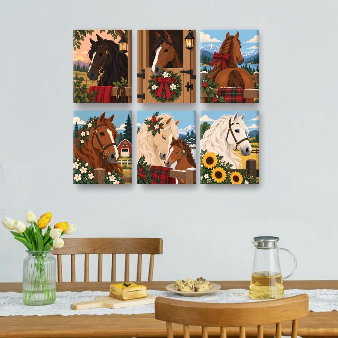 6 Mini Paintings | Kerst Paard Portretten Set