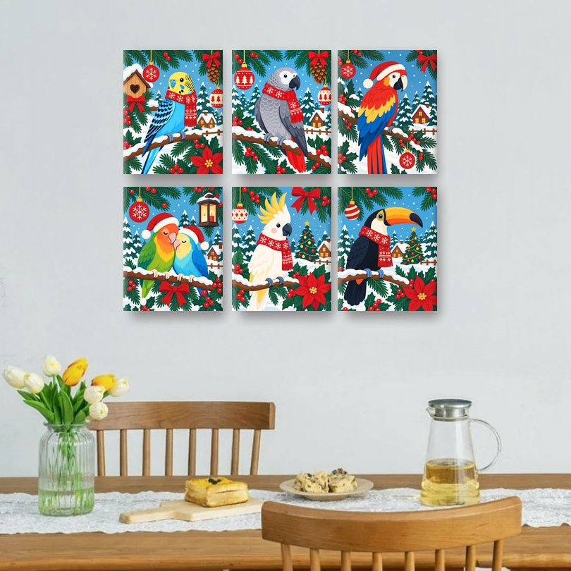 6 Mini Paintings | Kerst Papegaaien Set