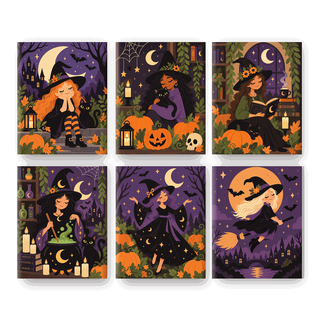 6 Mini Paintings | Halloween Heksen Set - Schilder Op Nummers