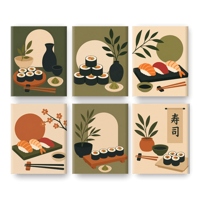 6 Mini Paintings | Minimalistisch Sushi Set - Schilder Op Nummers
